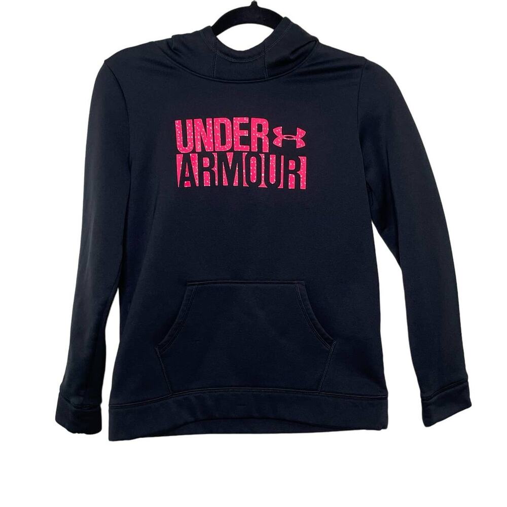 Under Armour Youth Black Hoodie‎ Pink Spell Out Front Pouch Pocket Cold Gear L